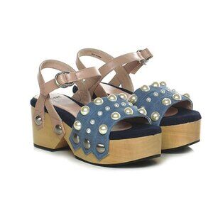 CLONE Pink-Pearl Detail Blue Denim Wooden Clog Sandals Women’s EU 37 NWOT